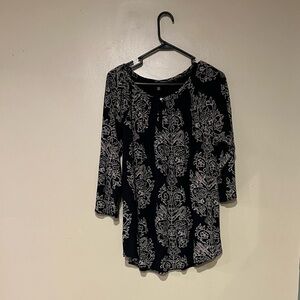 Lucky Brand Womens Blouse 1X Black Beige Floral Paisley Shirt Top 3/4 Sleeve